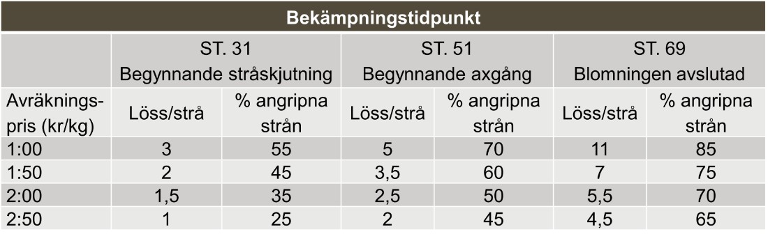 Bekämpningstidpunkt av havrebladlus beroende på avräkningspris och utvecklingsstadium