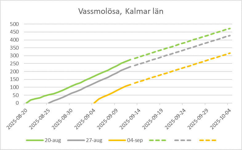 Figur 1: Antal uppnådda daggrader den 12 september beroende på rapsens uppkomstdatum samt uppskattad utveckling framåt under hösten. Väderdata från GRID-station i Vassmolösa utanför Kalmar.