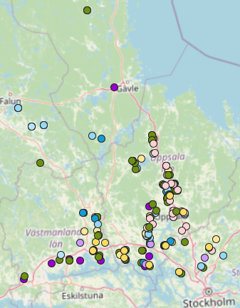 Karta över graderingsfältens spridning i regionen