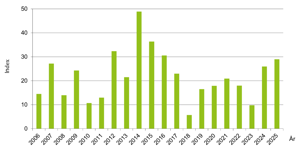Stapeldiagram som visar angrepp av stråknäckare 2006–2025. Medeltal för sommargradering i Södermanlands, Östergötlands och Örebro län.